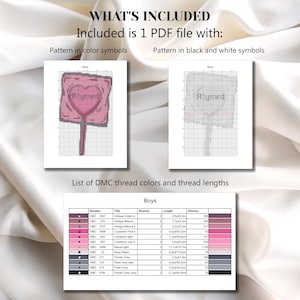 May include: A digital cross-stitch pattern includes a PDF file with color and black and white symbols. The pattern features a heart-shaped design with the name "Rhysand". A list of DMC thread colors and lengths is also included.