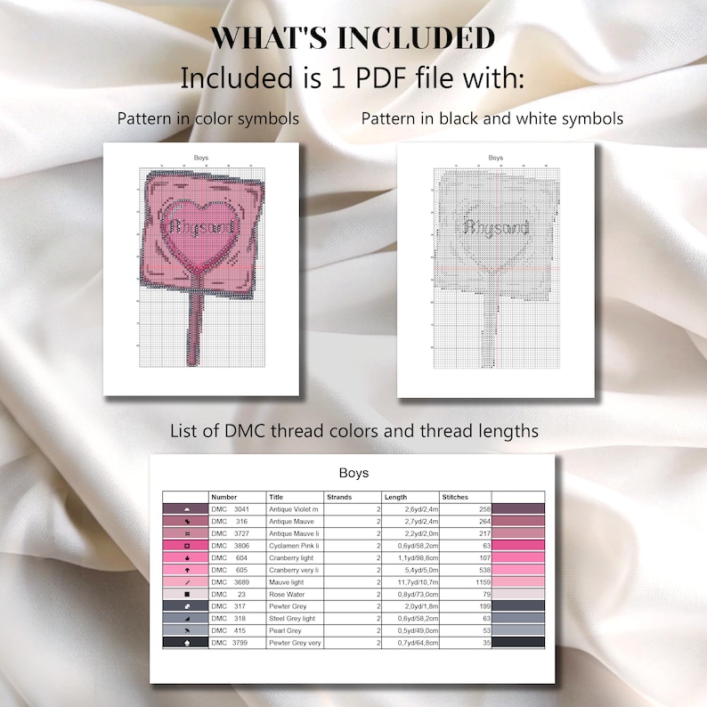May include: A digital cross-stitch pattern includes a PDF file with color and black and white symbols. The pattern features a heart-shaped design with the name "Rhysand". A list of DMC thread colors and lengths is also included.
