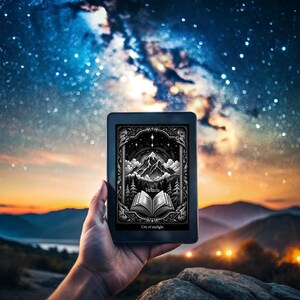 May include: A black and white illustration of a mountain range with a book open in the foreground. The book has the word "Velaris" on the cover. The illustration is on a digital e-reader with a black frame. The e-reader is held in front of a night sky with stars and a galaxy.