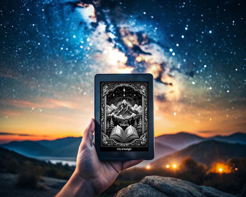 May include: A black and white illustration of a mountain range with a book open in the foreground. The book has the word "Velaris" on the cover. The illustration is on a digital e-reader with a black frame. The e-reader is held in front of a night sky with stars and a galaxy.