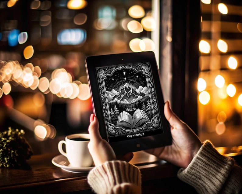May include: A person is reading a digital book on a tablet. The book cover features a black and white illustration of a mountain range with a book open in the foreground. The text on the cover reads "Velaris, City of Starlight".
