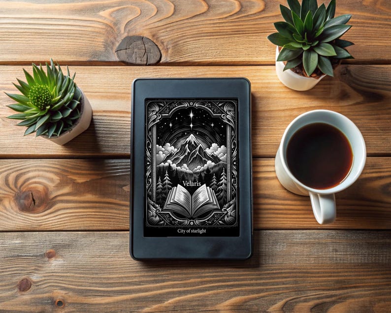 May include: A black and white illustration of a mountain range with a book open in front of it. The illustration is on a black and white e-reader with the text "Velaris City of starlight" on the screen.