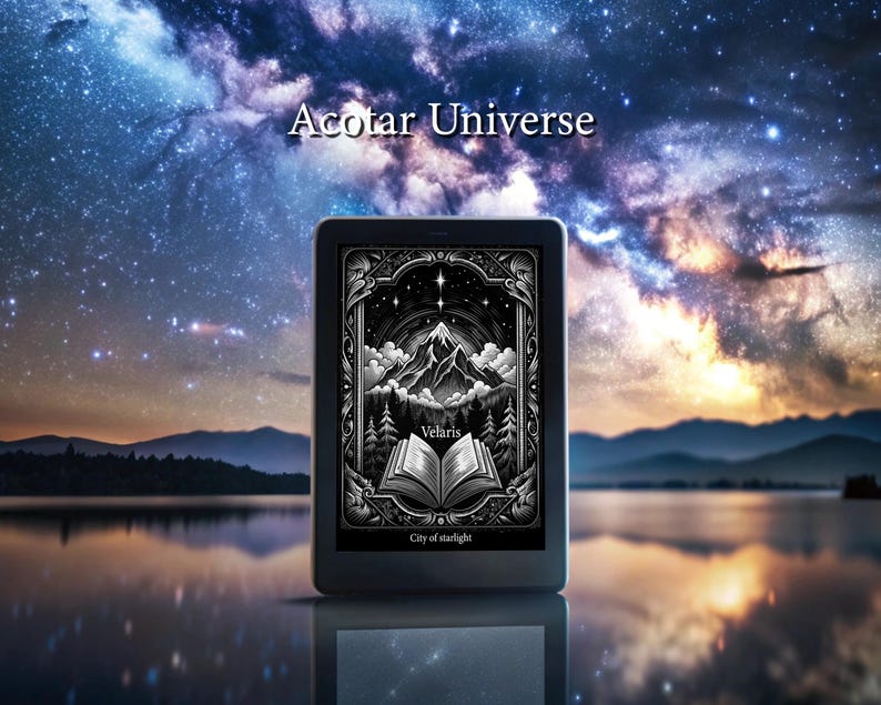 May include: A black and white illustration of a mountain range with a book open in front of it. The illustration is on a black background with a gold frame. The text "Velaris" and "City of Starlight" are below the illustration. The illustration is on a Kindle e-reader.
