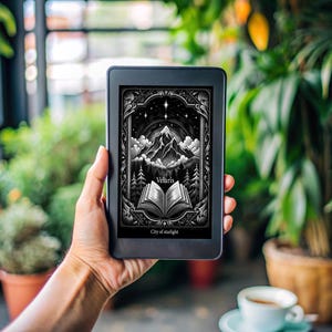 May include: A black and white illustration of a mountain range with a book open in front of it. The illustration is on a black e-reader with the text "Velaris City of Starlight".