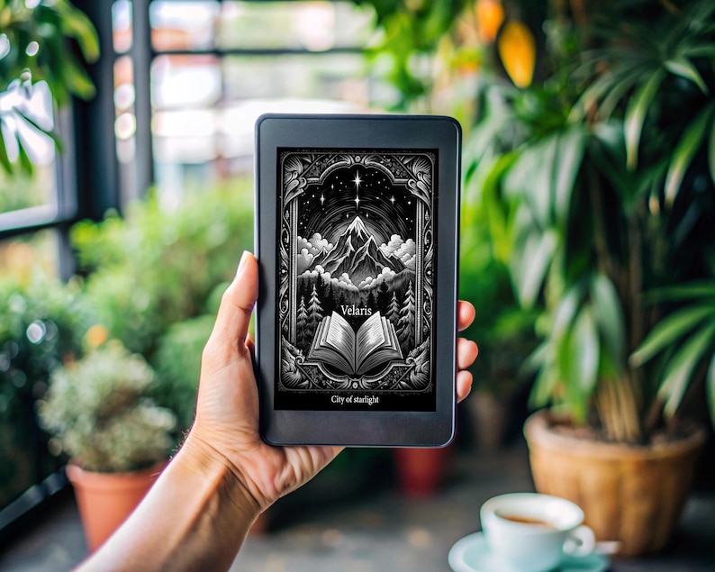 May include: A black and white illustration of a mountain range with a book open in front of it. The illustration is on a black e-reader with the text "Velaris City of Starlight".