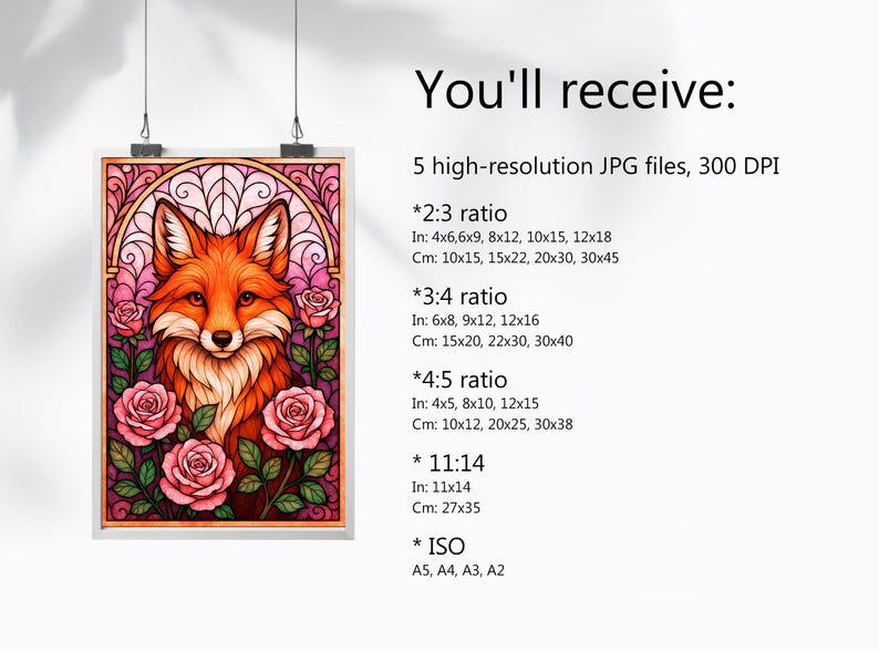 May include: A framed art print showing a fox illustration with orange and white fur, framed by pink roses. The artwork has a stained-glass effect. The text "You'll receive:" is visible. Includes various print sizes in cm and inches.
