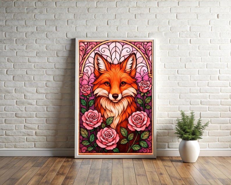 May include: A framed art print depicting a fox with orange and white fur, set against a pink and purple stained-glass style background. Pink roses and green leaves surround the fox. The artwork is displayed on a white brick wall.