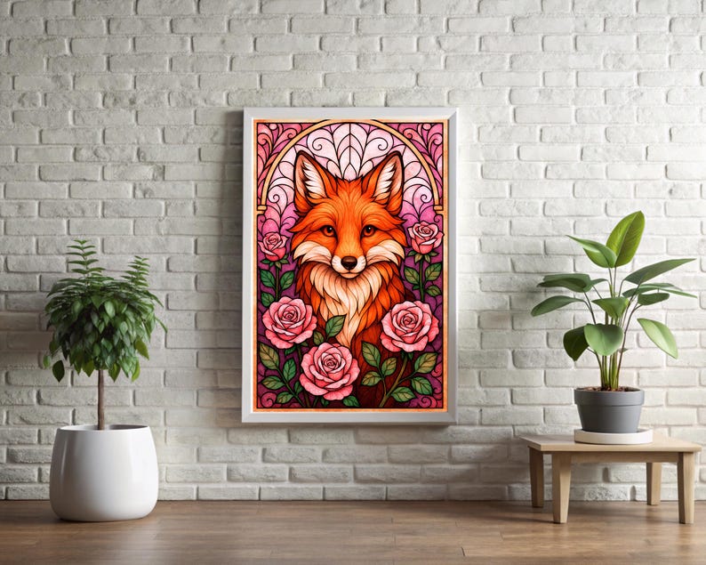 May include: A framed art print depicting a fox with orange and white fur, set against a stained-glass style background with pink roses. The artwork is displayed on a white brick wall, with potted plants on either side.