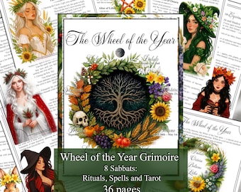 May include: A grimoire titled "The Wheel of the Year" featuring illustrations of women, flowers, and a tree of life. The cover text reads "8 Sabbats: Rituals, Spells and Tarot, 36 pages."