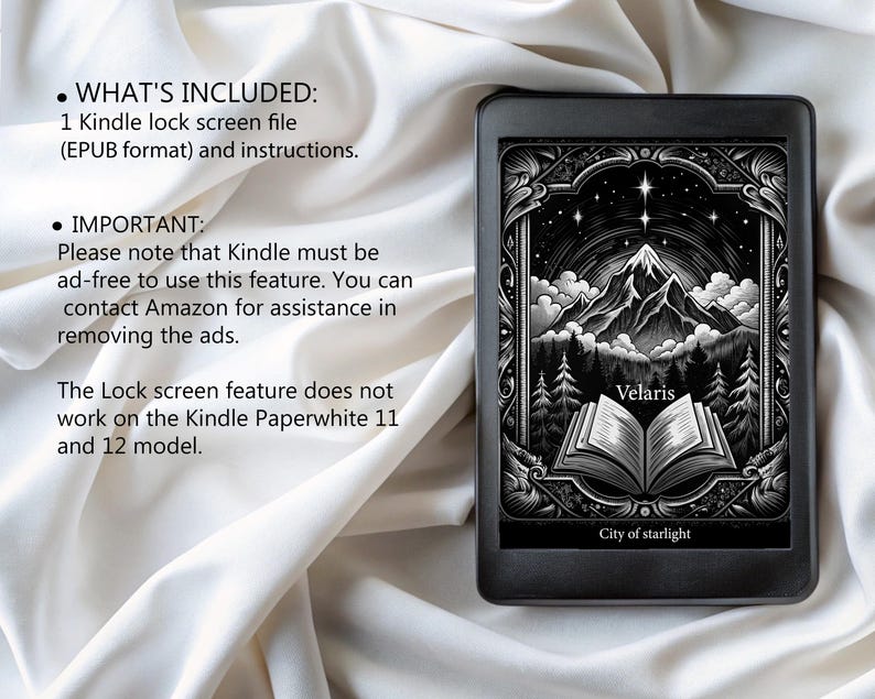 May include: A black and white illustration of a mountain range with a book open in the foreground. The text "Velaris" is above the book and "City of starlight" is below. The image is displayed on a Kindle e-reader.