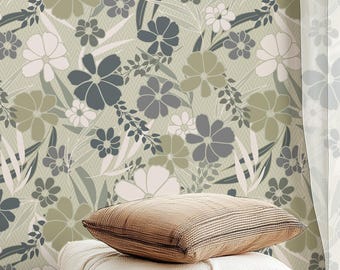 Sage Green Floral Wallpaper, Country and Farmhouse Peel & Stick Accent Wall