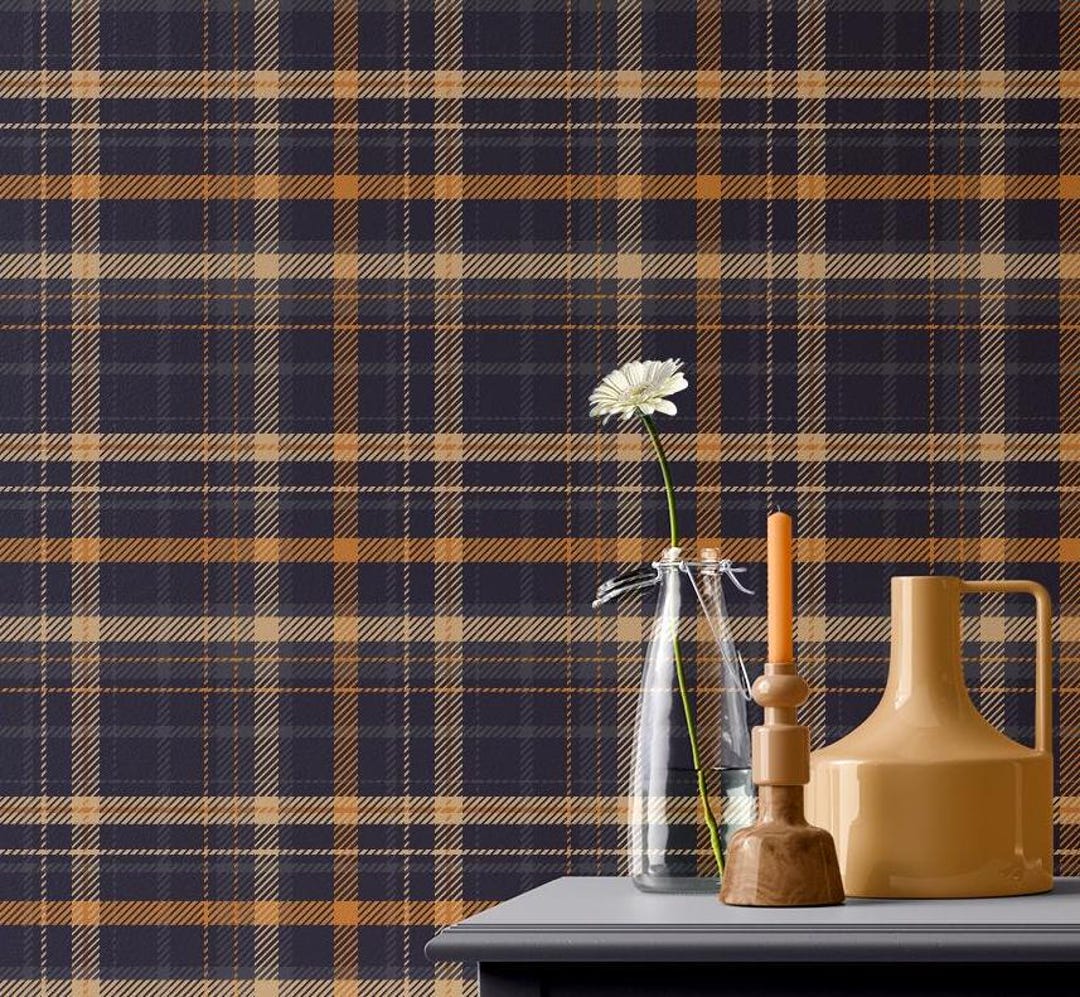 Dark Preppy Plaid Wallpaper - Black, Orange, Brown | Peel & Stick Boho ...