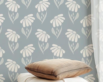 Blue Floral Wallpaper, Romantic Botanical Wall Covering in Soft Blue, Peel & Stick