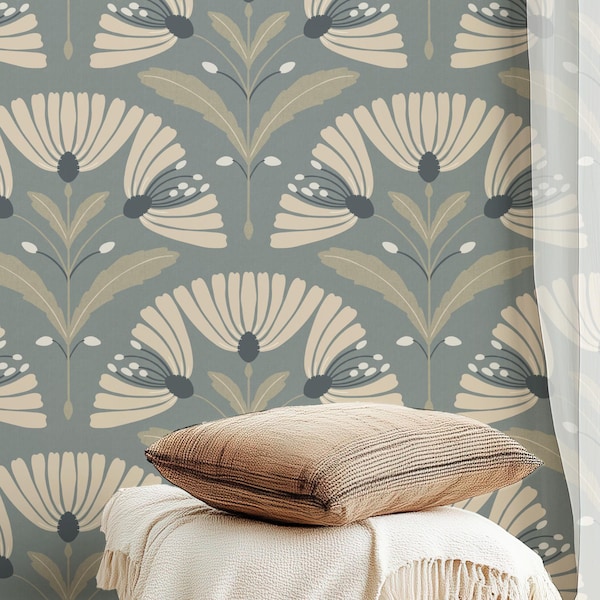Teal Botanical Wallpaper, Minimalist Leaf Pattern, Peel and Stick