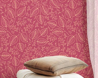 Pink Botanical Leaf Wallpaper, Bohemian Vibrant Peel & Stick Accent Wall