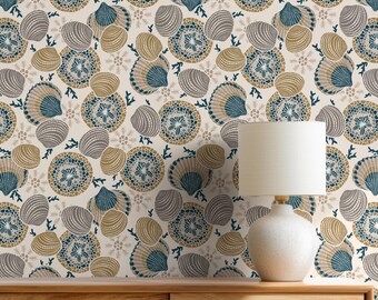 Vintage Seashell Wallpaper, Coastal Beach House Decor, Teal Blue and Golden Nautical Wall Covering