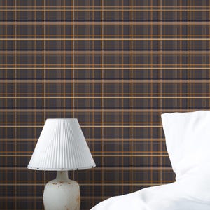 Dark Bronze Plaid Wallpaper, Small Scale Classic Peel & Stick Brown Victorian Tartan for Library, Office and Living Room