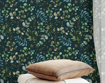 Eucalyptus Watercolor Wallpaper, Moody Boho Botanical Peel &Stick for Bedroom or Living Room