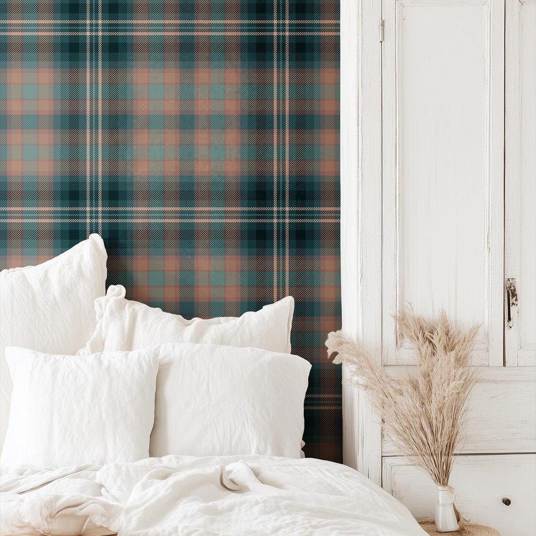 Dark Preppy Plaid Wallpaper - Textured Teal, Brown, Black | Peel ...