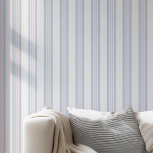 Pink and Blue Striped Wallpaper, Coastal Ticking Stripe Peel & Stick for Kitchen, Bedroom or Accent Wall