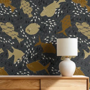 Moody Fish Wallpaper, Nautical Dark Grey Wall Covering