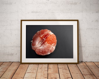 Photo art wall decor, printable wall art, photography of red grapefruit on black background, poster DIY print, digital download