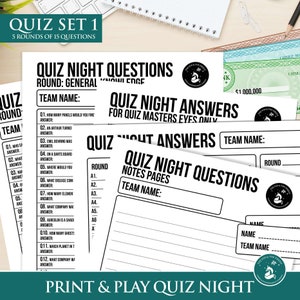May include: A printable quiz night game with black text on a white background. The game includes questions and answers for a general knowledge round. The title of the game is "Quiz Night Questions" and "Quiz Night Answers".