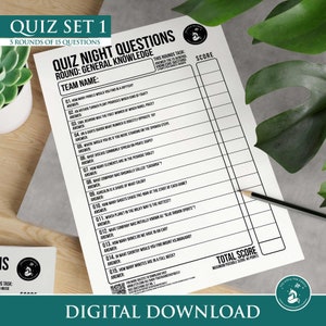 May include: A printable quiz game with 5 rounds of 15 general knowledge questions. The quiz is titled "Quiz Night Questions" and has a score sheet for each round. The quiz is a digital download.