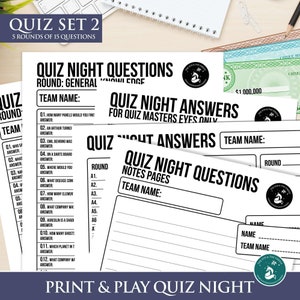 May include: Black and white printable quiz night game with the title "Quiz Night Questions" and "Quiz Night Answers". The game includes a general knowledge round with questions and answer sheets.