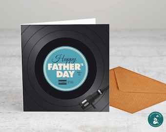 May include: Father's Day greeting card featuring a black vinyl record design. The card has a turquoise circle with the words "Happy Father's Day" and "Stereo" printed on it. An envelope is included.