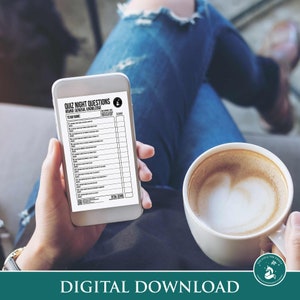May include: A digital download for a quiz night with a general knowledge round. The quiz is on a smartphone screen and the text reads "Quiz Night Questions Round: General Knowledge".