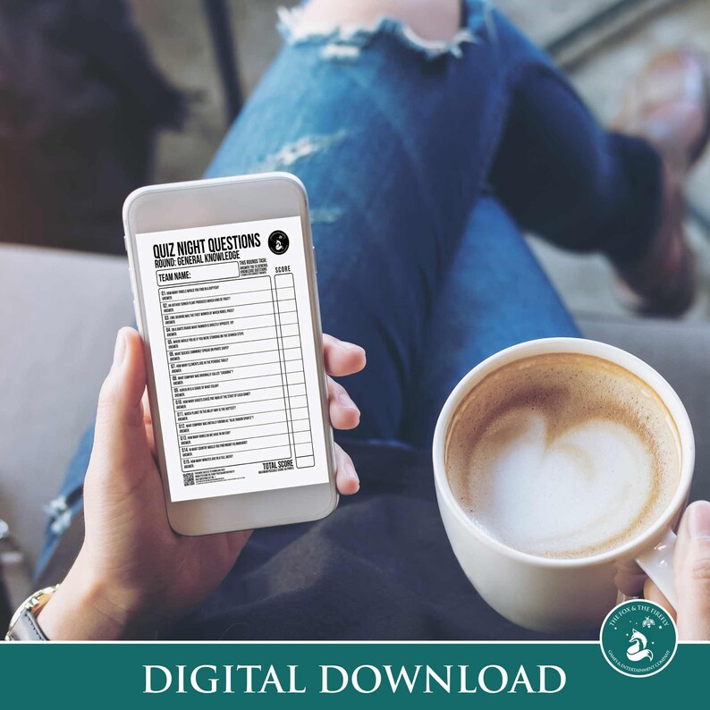 May include: A digital download for a quiz night with a general knowledge round. The quiz is on a smartphone screen and the text reads "Quiz Night Questions Round: General Knowledge".