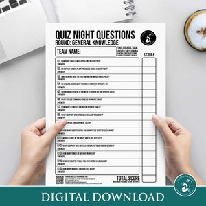May include: A printable quiz night game with 15 general knowledge questions. The quiz is titled "Quiz Night Questions" and the round is "General Knowledge". The quiz has a scorecard with a maximum possible score of 45 points.