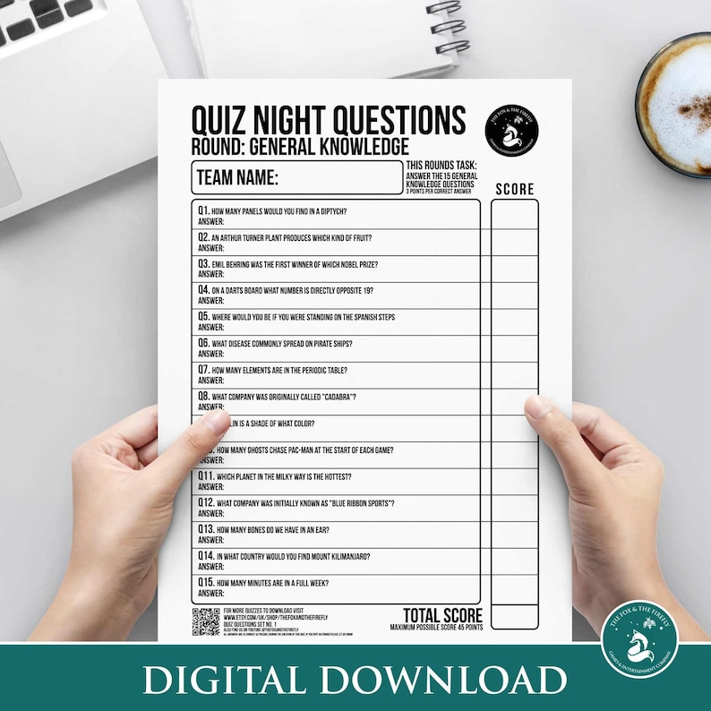 May include: A printable quiz night game with 15 general knowledge questions. The quiz is titled "Quiz Night Questions" and the round is "General Knowledge". The quiz has a scorecard with a maximum possible score of 45 points.