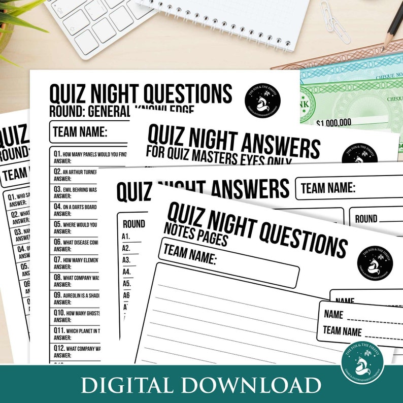 May include: Black and white printable quiz night questions and answers with a fox and the ferret logo. The quiz is divided into rounds, general knowledge, and notes pages. The quiz is for quiz masters eyes only.