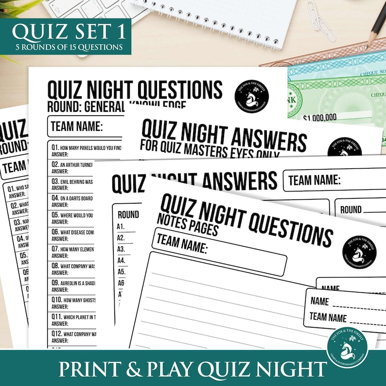May include: A printable quiz night game with black text on a white background. The game includes questions and answers for a general knowledge round. The title of the game is "Quiz Night Questions" and "Quiz Night Answers".
