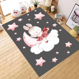 BF-035 Cute Rabbit in the Cloud Nursery Rug, Play Rug, Kids Area Rug, Nursery Decor, Children&#39;s Rug