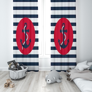 BF-042 Ancla de barco, Marinero, Capitán, Cortina de la habitación del bebé, Cortina de la guardería, Cortina, Decoración de la ventana, Guardería de los niños, Cortinas