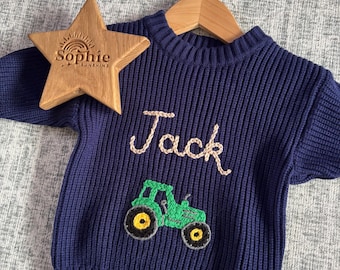 Personalised Tractor Jumper | Hand Embroidered Children’s Sweater | Farm-Themed Custom Name Gift