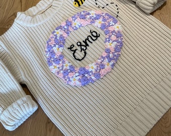 Spring wreath children's hand embroidered knitted jumper