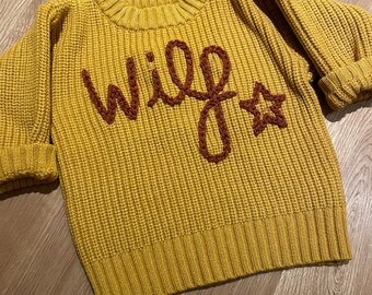 Children's personalised hand embroidered knitted jumper
