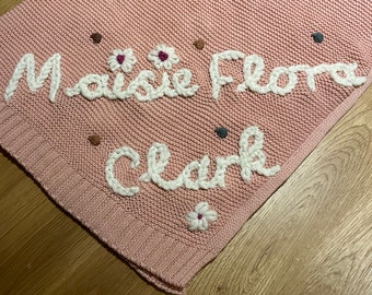 Children's personalised hand embroidered knitted blanket