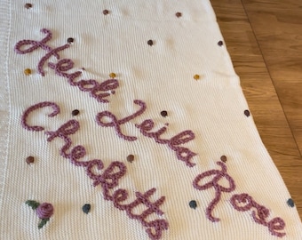 Personalised Hand Embroidered Knitted Baby Blanket | Heirloom Keepsake Gift
