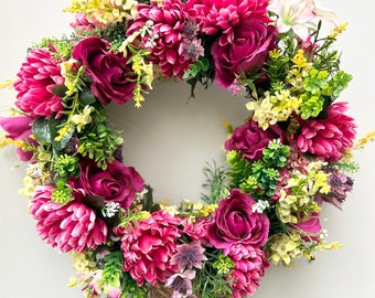 Pink wreath for front door | cottage inspired artificial wreath | summer wreath | everlasting wreath | bright and vibrant wreath