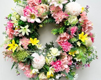 guirlande de porte printemps été | artificielle de style campagnard | couronne de saison | couronne rose pour porte d'entrée | jolie couronne de fleurs