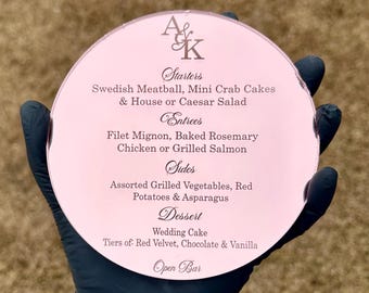 Acrylic Dinner Menus for Weddings | Gold Silver Round Circle Menus | Mirrored Acrylic Menus | Laser Engraved Acrylic Menu | Wedding Table