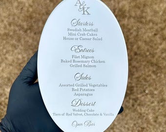 Acrylic Dinner Menus for Weddings | Rose Gold Silver Oval Menus | Mirrored Acrylic Menus | Laser Engraved Acrylic Menu | Wedding Table Decor