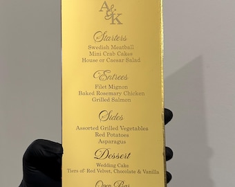 Acrylic Dinner Menus for Weddings | Gold Silver Rectangle Menus | Mirrored Acrylic Menus | Laser Engraved Acrylic Menu | Wedding Table Decor