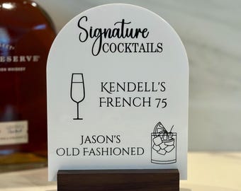 Personalized Signature Drink Sign | Custom Cocktail Bar Sign | Wedding Bar Decor | Acrylic Signature Cocktails Sign with Wood or Clear Base