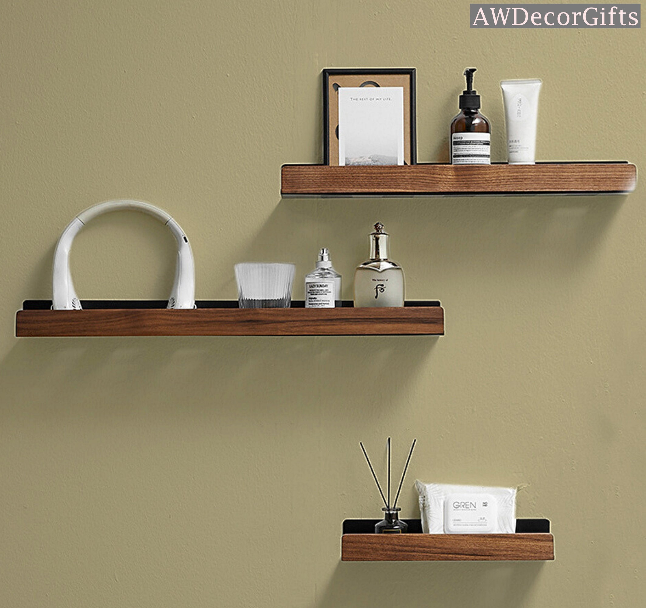 Modern Walnut Shelf Wooden Wall Shelves Bathroom Storage Organizer ...